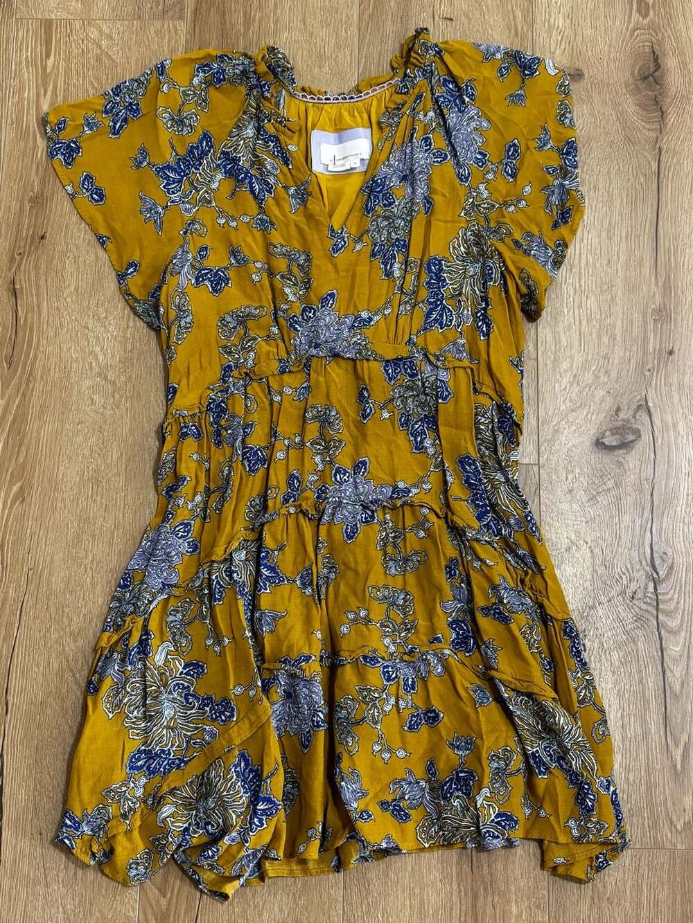 By Anthropologie Yellow and Blue Paisley Print Tiered V-Neck Mini Dress